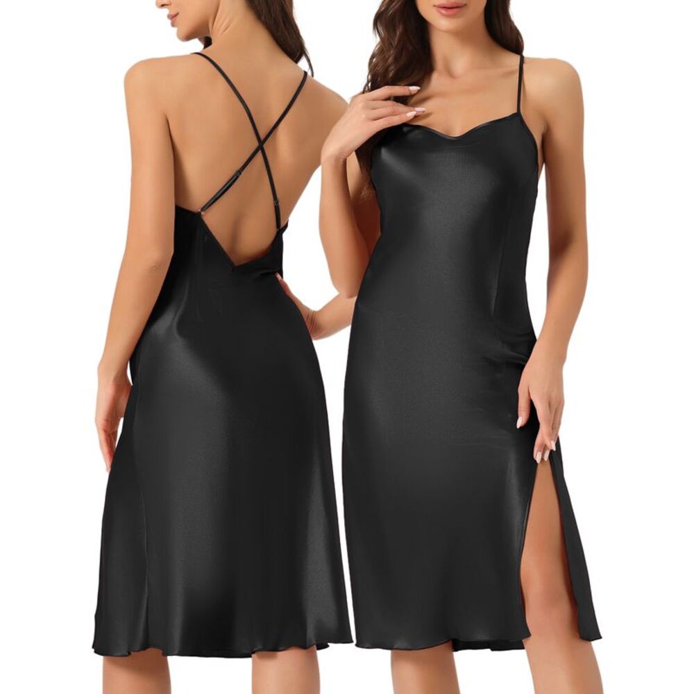 Womens Satin Nightshirt Sleeveless Backless Slit Midi Nightgown Black